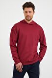 Erkek Comfort Fit Kapüşonlu Düz Sweatshirt Bordo