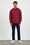 Erkek Comfort Fit Kapüşonlu Düz Sweatshirt Bordo