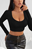 Kadın Siyah Uzun Kol Kare Yaka Crop Top Bluz - Siyah - L-XL