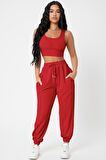 Kadın Kırmızı Kaşkorse Cepli Jogger Eşofman Altı Ve Crop Top Bluz - Kırmızı - L-XL
