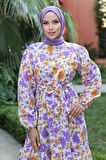 Kadın Uzun Çiçek Yaprak Desenli Belden Bağlamalı Elbise