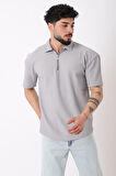 Çizgili Yakalı Yarım Fermuar Oversize Tişört STU-2473_30464