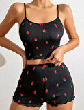 Kadın Siyah Çilek Desenli Seksi Gecelik Takım 6644