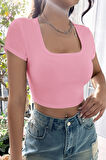 Kadın Pembe Yarım Kol Düz Yaka Crop Top Bluz - Pembe - L-XL