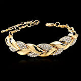 Gold Renk Yaprak Desenli Çelik Bileklik - Zirkon Taşlı, Ayarlanabilir Zincir, Şık ve Zarif Tasarım