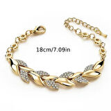 Gold Renk Yaprak Desenli Çelik Bileklik - Zirkon Taşlı, Ayarlanabilir Zincir, Şık ve Zarif Tasarım