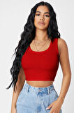 Kadın Kırmızı Kare Yaka Crop Top Bluz - Kırmızı - L-XL