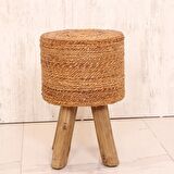 pixiperi-Teak Ağacı Dekoratif Sehpa, Doğal Hasır Sehpa, Yuvarlak Yan Orta Sehpa, Puf 32x50cm