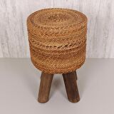 pixiperi-Teak Ağacı Dekoratif Sehpa, Doğal Hasır Sehpa, Yuvarlak Yan Orta Sehpa, Puf 32x50cm