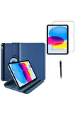 Apple iPad A16 11.nesil (A3354-A3355) Dönebilen Tablet Kılıfı + Ekran Koruyucu + Tablet Kalemi