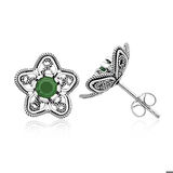 Gümüş Telkari Yeşil Nilüfer Çiçeği Çivili Küpe