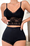 Kadın Kaşkorse Şortlu Dantelli Gecelik Takımı - Siyah - L-XL