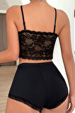 Kadın Kaşkorse Şortlu Dantelli Gecelik Takımı - Siyah - L-XL