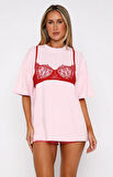 Dantel Bralet Baskılı Pembe Oversize  %100 Pamuk Kadın T-shirt