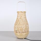 %100 El Yapımı Bohem Doğal Rafya Hasır Rustik Bambu Püsküllü Siyah Kol Masa Lambası Avize 23x37cm