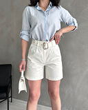 Kuş Gözü Kemerli Geniş Paçalı Mom Şort - BEYAZ - XL