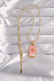 316L Çelik Gold Renk Pembe Mineli Güneş Model Tarot Kolye - Lisinya