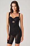 Toparlayıcı Vücut İnceltici Dikişli Fermuarlı Uzun Paca Altı Açık Sıkı Badi Korse - Siyah - XL