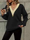 Kadın Uzun Kollu V Dantel Yaka şardonsuz üç Iplik Bluz