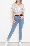 Çizgili Crop Bluz Beyazfüme - 18426.631.