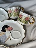 %100 El Boyaması Pembe Gül Desenli Türk Kahvesi Fincanı, Mug, Kupa