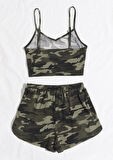 Kadın Kamuflaj Desenli Askılı Crop Top Ve Şortlu Gecelik Takım