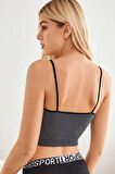 Kadın Anstrasit Gri İp Askılı Crop Top Bluz - Gri - XL