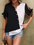 Kadın Kısa Kollu Kollardan Bağlamalı önden Asimetrik Kesim çift Renk Detaylı Düğmeli Ithal Krep Bluz