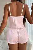D'Lingerie Gökyüzü Desenli Pembe Saten Şortlu Gecelik Takım