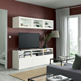 Tv ünitesi, beyaz-şeffaf cam, 180x42x192 cm, LAPPVIKEN/SINDVIK, çıt çıt raylı