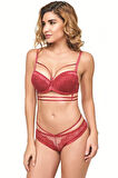 Balenli Destekli Dolgulu Askıları Çıkabilen Yaka Detaylı Çıkabilen Göğüs Altı Aksesuarlı Dantelli Sütyen Ve String Takım - Vişne - 90B