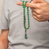 Gümüş Kazaz Püsküllü Yeşil Sıkma Kehribar Tesbih