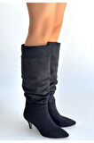 Zelya Siyah Süet Topuklu Çizme