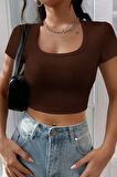 Kadın Kahverengi Yarım Kol Düz Yaka Crop Top Bluz - Kahverengi - L-XL