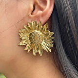 Göz Alıcı Gösterişli Altın Kaplama Ayçiçeği Model Şık Çelik Uçlu VIP Bijuteri Küpe | Parlak ve Zarif