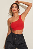 Kadın Kırmızı Tek Omuz Crop Büstiyer - Kırmızı - XL