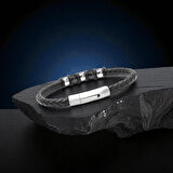   Orijinal Deri ve 316L Çelik Siyah Erkek Bileklik 31834B21D1 