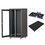SETRACK 16U 600X800 CAMLI TEKERLEKLİ RACK KABİNET+SABİT RAF+2Lİ FAN MODÜLÜ
