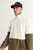 Erkek Bej-haki Standart Fit Bato Yaka Kanguru Cepli Çift Renkli Sherpa Polar Sweatshirt