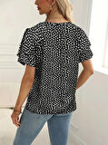 Kadın Kısa Kollu Kolları Volanlı Baskılı Süprem Bluz