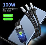 100w Çok hızlı Kopmaz Spiral 3 başlıklı çok Hızlı Şarj kablosu Telefon tablet uyumlu Carplay