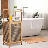 2 Organizer Raflı Ahşap Bambu Çek-Aç Kirli Sepeti