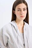 Relax Fit Kapüşonlu Cepli Basic Düz Fermuarlı Sweatshirt