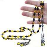 1000 Ayar Gümüş Kazaz Püsküllü Arpa Kesim Sarı-Siyah Ateş Kehribar Tesbih