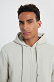 Erkek Bej Standart Fit Normal Kesim Içi Polarlı 3 Iplik Kapüşonlu Fermuarlı Sweatshirt Ceket