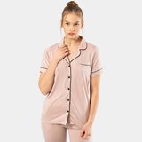 Kadin Düz Kisa Kollu Gömlek Yaka Pijama Takimi 3368/Pudra