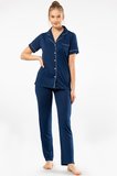 Kadin Düz Kisa Kollu Gömlek Yaka Pijama Takimi 3368/Lacivert