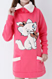 Genç Kız Kırmızı Kedi Baskılı Fermuarlı  Kapüşonlu Pamuklu Sweatshirt