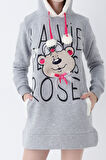 Genç Kız Pembe Ayıcık Desenli Kapüşonlu Sweatshirt Elbise