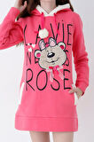Genç Kız Pembe Ayıcık Desenli Kapüşonlu Sweatshirt Elbise